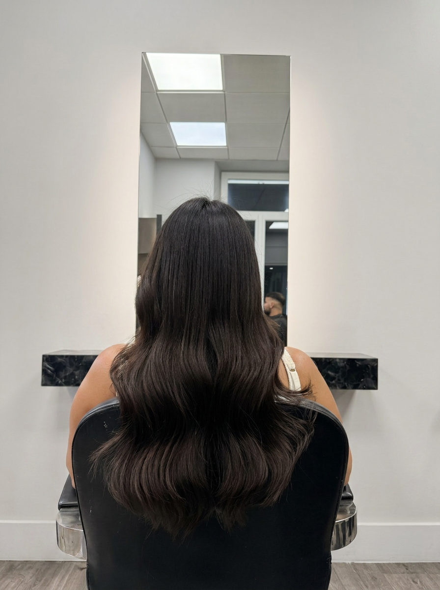 Brushing wavy brun glossy vue dos